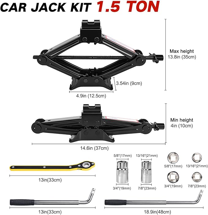 Scissor Car Jack 1.5Ton（3306lbs） Tire Changing Kit with Lug Wrench - Emergency Kit for Car, SUV, MPV