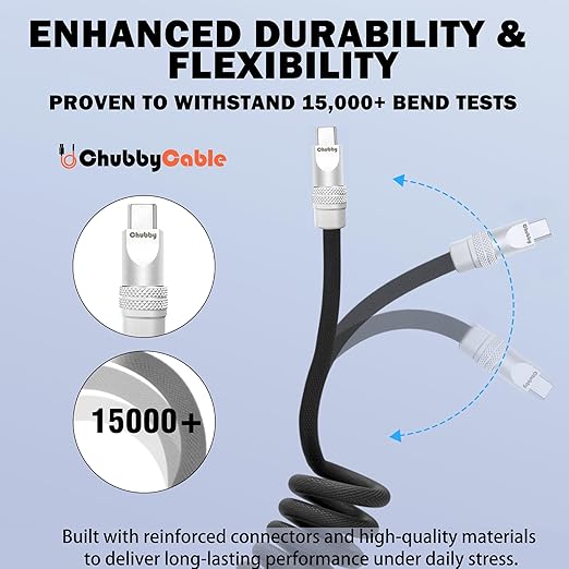 chubbycable Curly Chubby - Retractable Fast Charging Cable 240W Coiled Charger Cord for Car Durable USB-C Cable for Phones, Tablets and More, Purple+Purple, Type-C to Type-C, 1.3FT-2.3FT