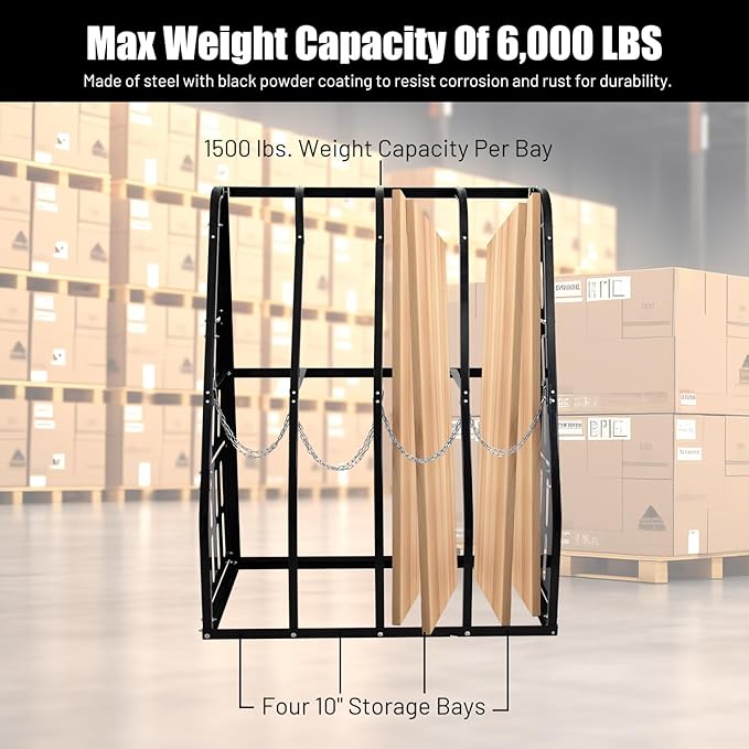 1500LBS Vertical Bar Rack Standing Storage Rack, 47" W x 24" D x 60" H Steel Vertical Long Parts Storage Rack with Galvanized Chains & 2 Side Pegboards, 4 Bays Lumber Storage Rack for Garage Storage
