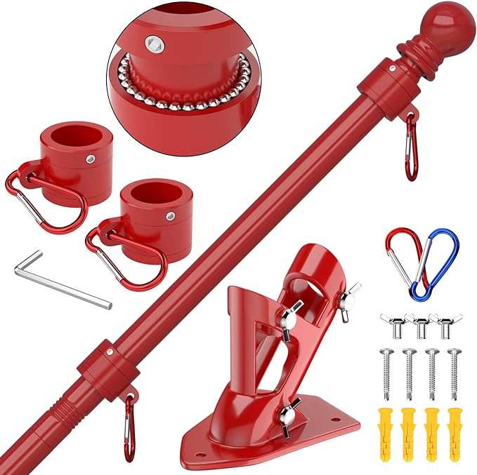 ZMTECH Flag Pole - Upgraded Bracket, 6 FT Stainless Steel Flag Poles for Outside House, Residential or Commerical, Tangle Free Flag Pole Kit for American Flag (Without Flag, Red)