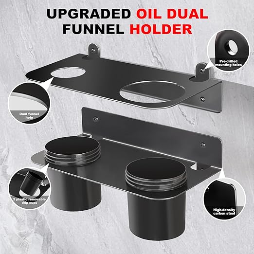 Oil Dual Funnel Holder Storage Rack Includes 2 Plastic Removable Drip Cups, Wall Mount Fluid Drain Funnel Kit Organizer Bracket for Enclosed Race Trailers, Automotive Garage Shop, Black