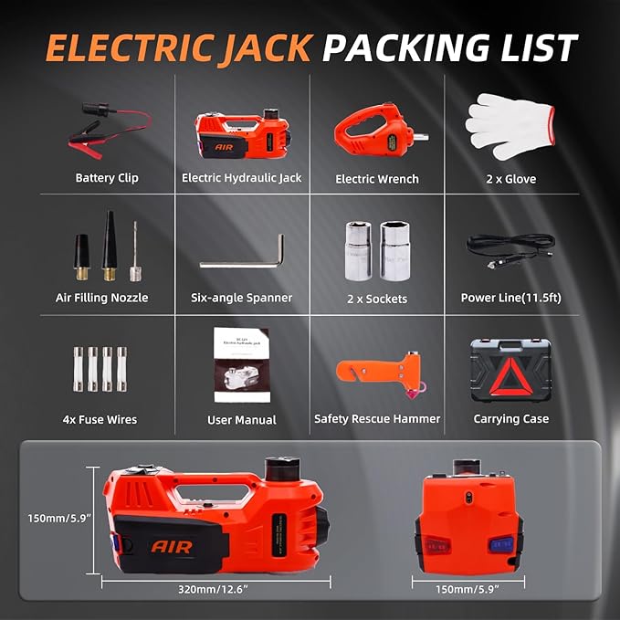 STANDTALL Electric Car Jack Kit 5 Ton 12V Hydraulic Jack Floor Jack with Impact Wrench and Tire Inflator Pump Lift with LED Light for SUV Sedan Truck Road Emergency Tire Change