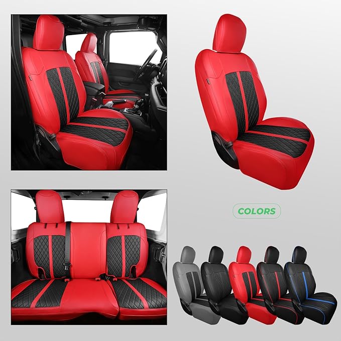 for Jeep Wrangler Seat Covers 4Door JK 2013 2014 2015 2016 2017, Custom Fit Car Seat Cover Full Set, Luxury Leather Seat Protectors, Waterproof SUV Interior Cushions Accessories, Red Black