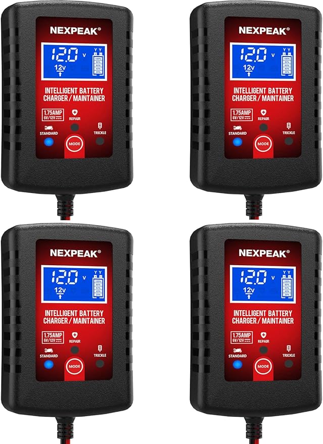 [4-Pack]1.75-Amp Car Battery Charger, 6V and 12V Smart Fully Automatic Battery Charger Maintainer, Trickle Charger, Battery Desulfator for Car, Lawn Mower, Motorcycle, Boat, Marine Lead Acid Batteries