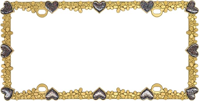 Creathome 3D Shining Daisy Heart License Plate Frame from Pure Zinc Alloy Metal Perfect Plate Holder, Matt Gold with Black Glitter, Luminously Heart
