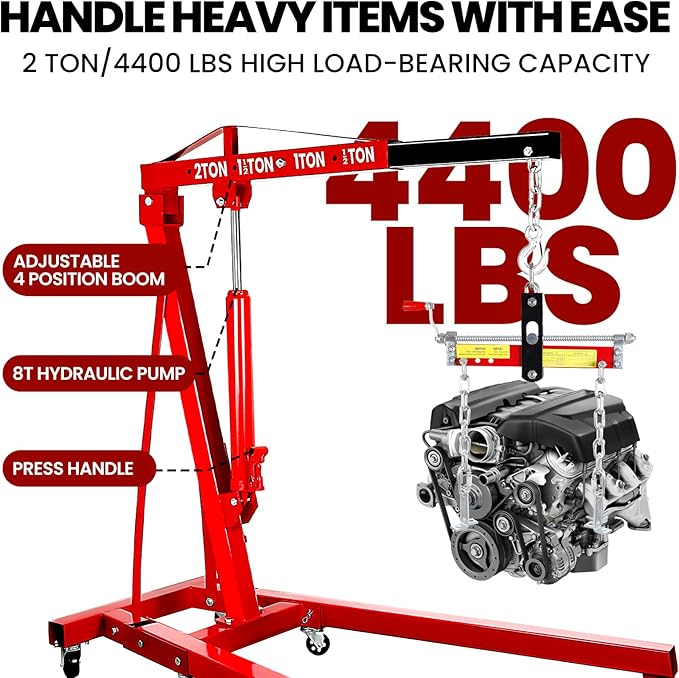 4400 Lbs Folding Engine Hoist Cherry Picker, 2 Ton Engine Hoist with Lever, with 6 Casters, 8 Ton Hydraulic Pump 4 Adjustable Position, Engine Crane for Garage, Workshop, Repair(Red)