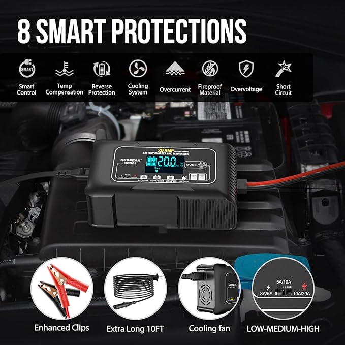 NEXPEAK NC301 20-Amp Car Battery Charger, 12V and 24V Smart Fully Automatic LiFePO4 Battery Charger Maintainer Trickle Charger w/Temp Compensation for Car Truck Boat Lead Acid Lithium Batteries