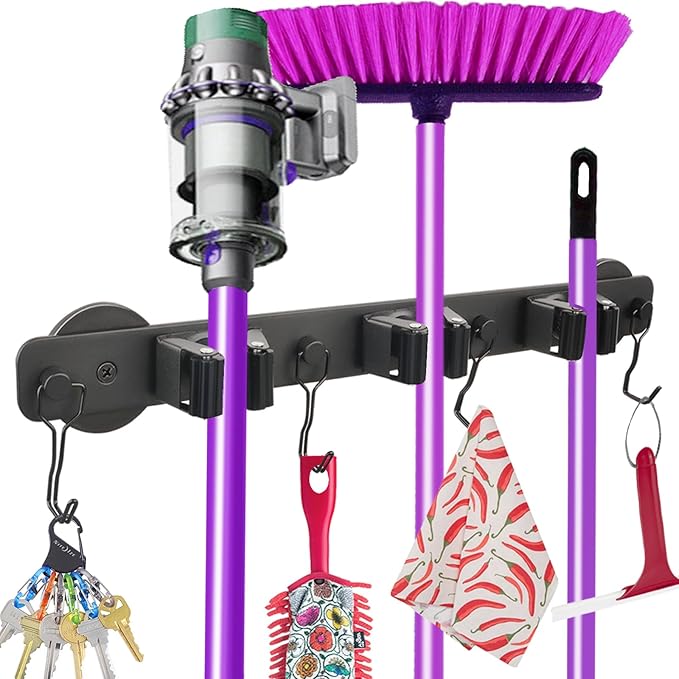Magnetic Mop Broom Holder, Heavy Duty Magnetic Mop Hanger with Swivel Hooks for Cleaning Tools, Strong Magnet Mount Tool Hanger Organize System Utility Rack for Refrigerators Laundry Garage Kitchen