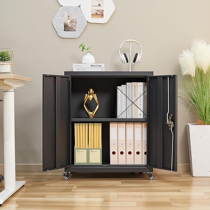 LUCYPAL Metal Storage Cabinet with Wheels,Steel Locking Storage Cabinet with Adjustable Shelves and 2 Doors,31.5" H Garage Cabinet for Home Office,Black