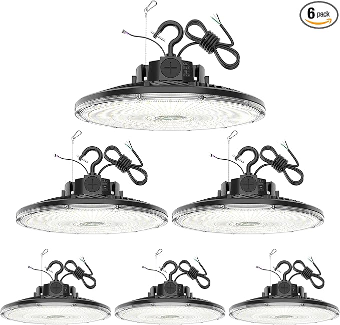 6 Pack 480V LED High Bay Light UL DLC Listed UFO Light 300W 240W 200W Adjustable, Dimmable High Bay LED Shop Lights 5000K Daylight, IP65 Commercial Bay Lighting for Warehouse Factory