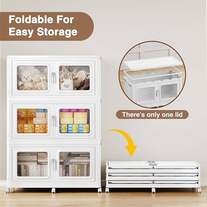 900 Qt Stackable Storage Bin with Lid, 225Gal Extra Large Collapsible Storage Boxes, Folding Plastic Drawer, Heavy-Duty Store Cabinet, Closet Organizer for Home Kitchen, 3 Pack White
