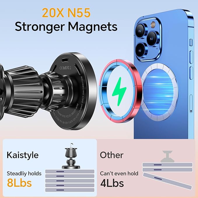 Kaistyle for MagSafe Car Mount Charger【Stronger Magnets】 iPhone Magnetic Wireless Car Charger【Dashboard+Vent】 for Magsafe Charger Cell Phone Car Mount for iPhone 16 Pro Max 15 14 13 12 MagSafe Cases