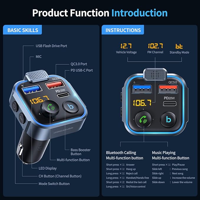 UNBREAKcable Bluetooth 5.3 FM Transmitter for Car, [PD 20W + QC 3.0] [Stronger Microphone & HiFi Bass Sound] Cigarette Lighter Radio Music Adapter Charger, Supports Hands-Free Siri Google Assistant