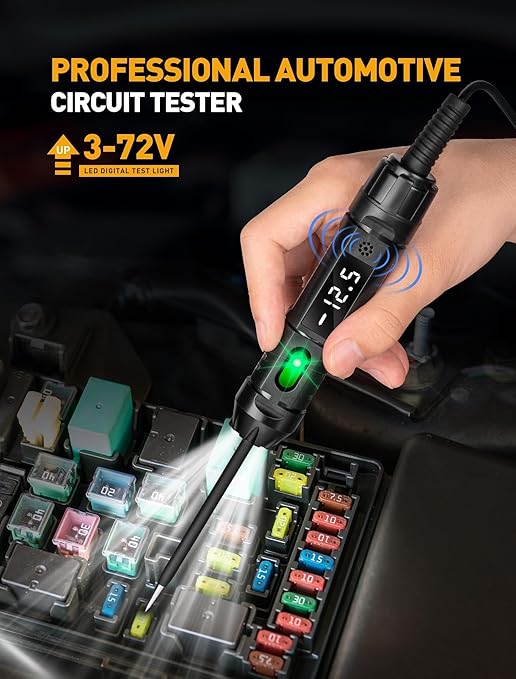 Upgraded Heavy Duty Circuit Tester with Buzzer, 3-72V DC Digital LED Test Light with Voltmeter, Automotive Light Tester with Illumination, Fuse Voltage Tester Auto Electrical Tool