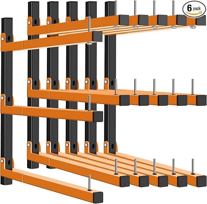 Lumber Rack Wall Mount, Heavy Duty Wood Storage Racks, 9-Level System Garage Shelving, 1080 Lbs Capacity Organizer Shelves, Folding Orange Brackets, 6 Pack Hanging Metal Shelf for Indoor and Outdoor