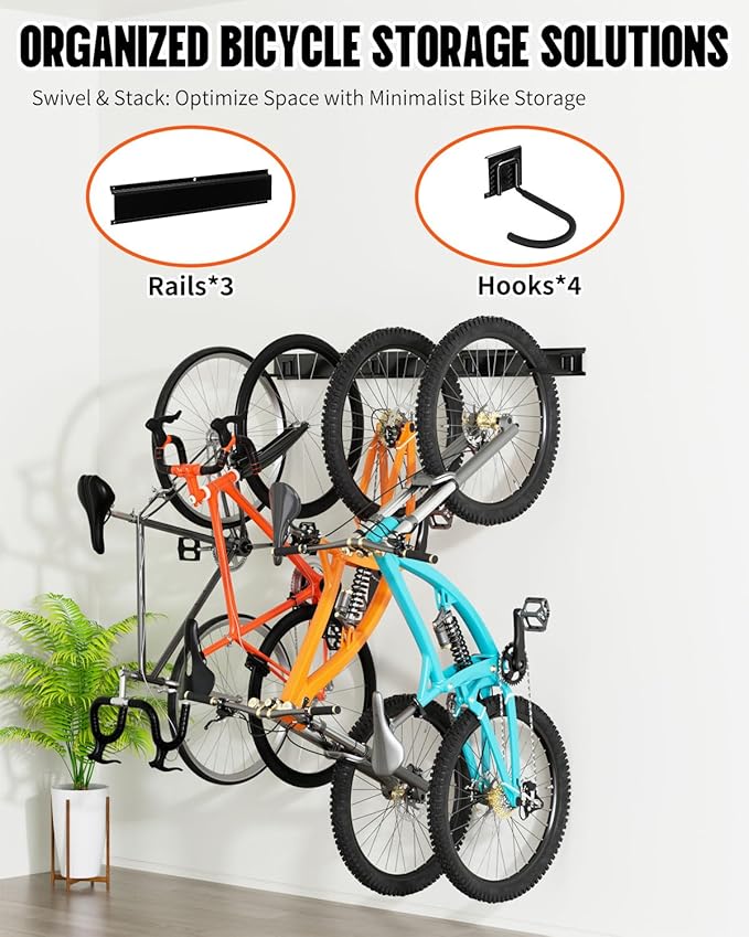 Bike Rack Wall Mount, Bike Hooks for Garage Storage,Vertical Bike Hanger for Indoor Use, Holds Up to 300 lbs, Adjustable Hook System with 4 Hooks and 3 Rails,48 Inches, Black