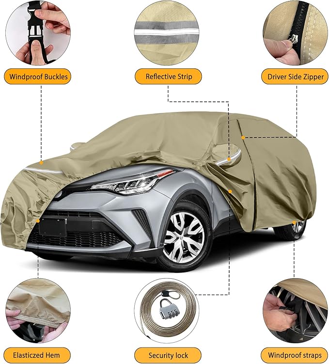 Waterproof Car Covers Replace for 2018-2025 Toyota C-HR, Multilayer Heavy Duty with Cotton Liner All Weather Car Cover with Zipper Door, Windproof Bands for Snow Rain Dust Protection