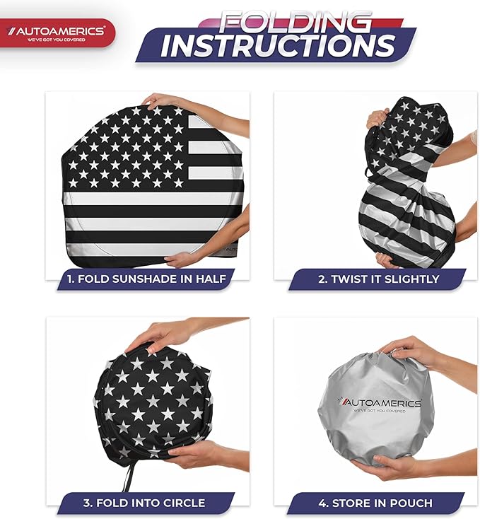 Autoamerics 1-Piece Windshield Sun Shade B&W American Flag USA Patriotic Design - Foldable Car Fits Easily to SUV & Truck Vehicles UV Ray Blocker Keeps Your Vehicle Cool Large