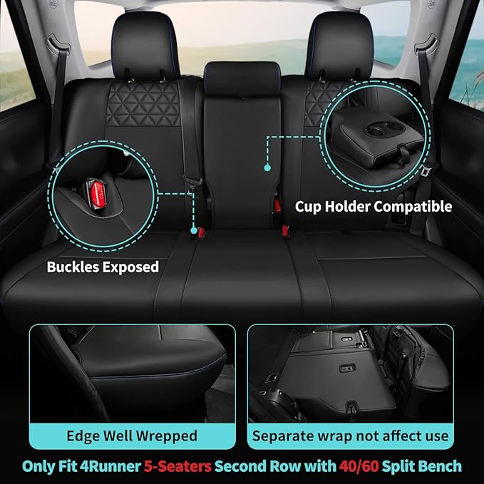 Seat Covers for Toyota 4Runner 2011-2024, Faux Leather Car Seat Cover Full Set, 2-Row-Only for 5 Seats Version-Black
