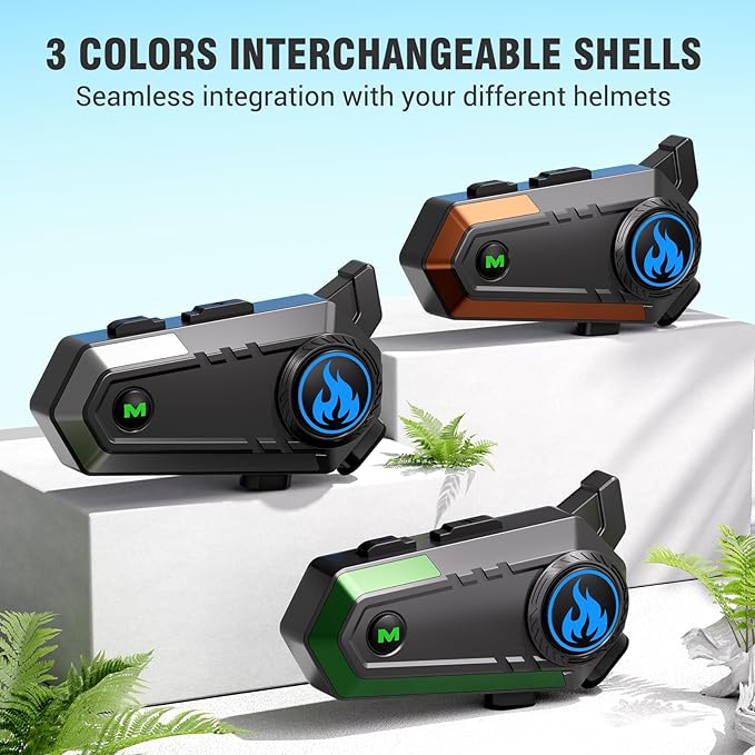 Motorcycle Helmet Bluetooth Headset, Bluetooth Motorcycle Helmet with 2 Type Mics, Intercom/Hands-Free Call/Music/Waterproof/Noise Cancellation/Wake Up Siri, Compatible with All Helmets