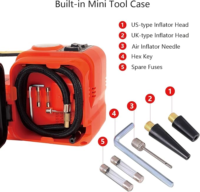 E-HEELP Electric Car Jack 5Ton 12V Kit Hydraulic (Lifting Range: 6.1~17.7 inch) with Inflator Electric Jack for Car SUV Sedan MPV Change Tires Garage Repair Emergency Kit
