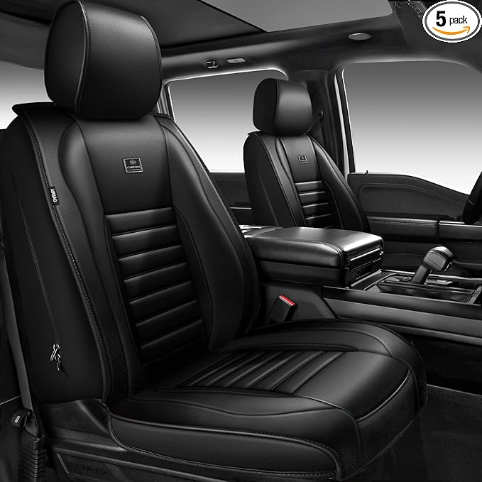 CAR PASS Nappa Leather Car Seat Covers Full Set, Luxury Seat Protector for Cars, Waterproof Anti-Slip Car Seat Cushion Armrest Compatible Airbag Universal for Sedan SUV Pick-up Truck Automotive, Black