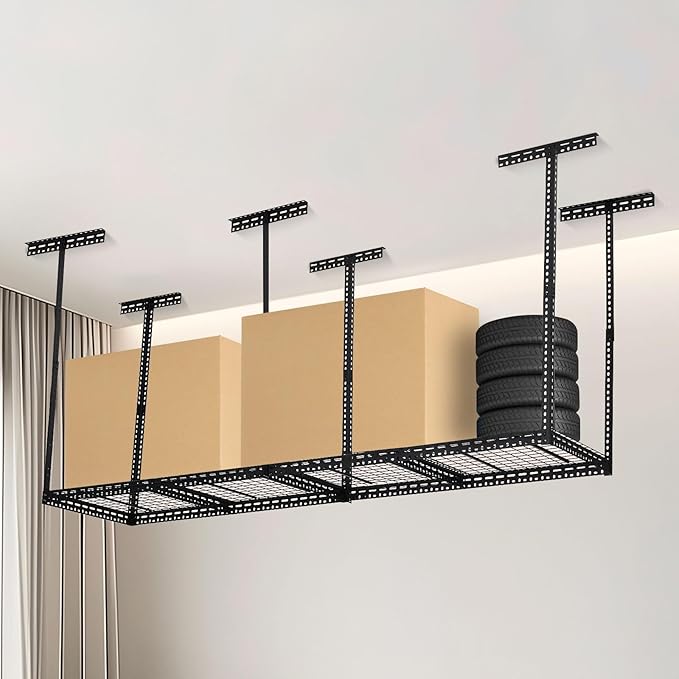 Overhead Garage Storage Rack, Heavy Duty Ceiling Storage Racks for Garage, Adjustable Height, 660LBS Weight Loading,2x8 FT Hanging Organizer Shelving for Warehouse Basement, Black