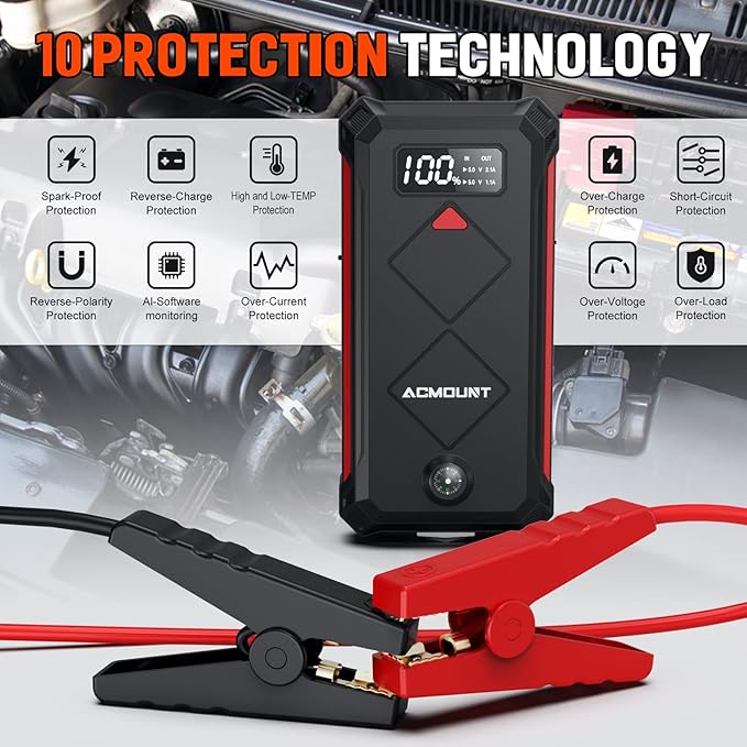 P100 Car Jump Starter, 5000A Peak Lithium Jump Starter Battery Pack for Up to 10.0L Gas or 8.0L Diesel Engine, Safe 12V Portable Battery Starter Power Pack with LED Screen & LED Light