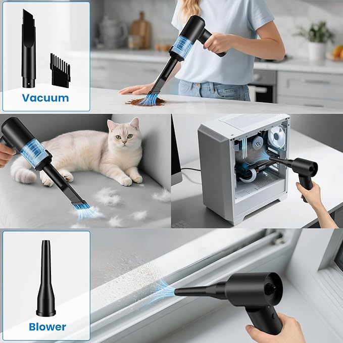 90° Foldable Car Vacuum Portable Cordless 16000PA, 4-in-1 Mini Vacuum Cleaner with Brushless Motor, Handheld Vacuum Cordless Blower/Pump for Car, Home,Office
