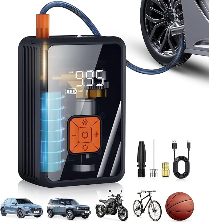 Portable Air Pump for Car Tires, 150 PSI Tire Inflator Cordless with LED Light, Rechargeable Auto Shut-off Air Compressor 2X Fast Inflation Tire Pumps for Car Bike Motorcycle Ball