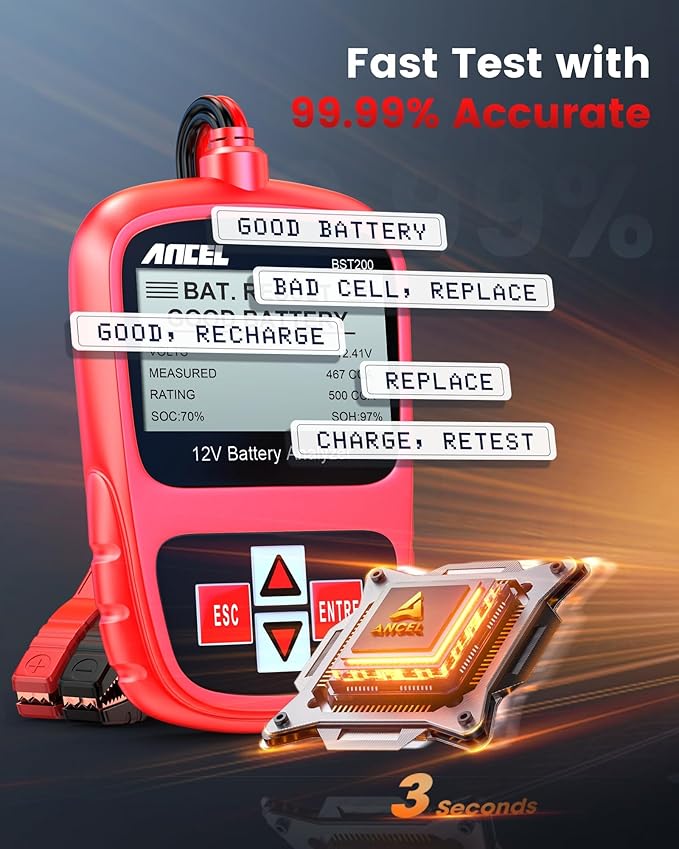 ANCEL BST200 Car Battery Tester 12V Automotive, 100-1100 CCA Battery Load Tester Tool, Auto Battery Analyzer Digital Tester for Car Truck Motorcycle SUV Boat and More