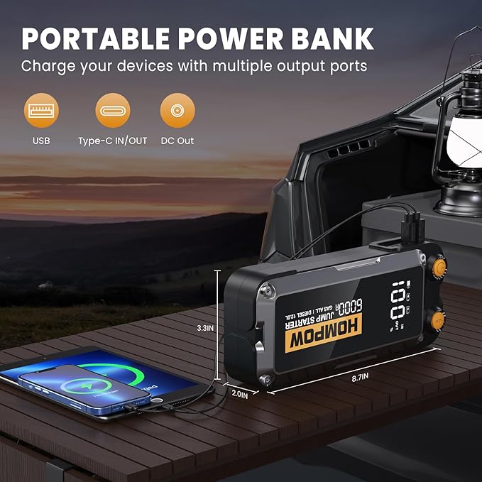 Jump Starter, 6000A Peak Portable 12V Car Battery Charger for All Gas and Up to 12L Diesel Engine, 28000mAh Jump Box with LED Light, USB, and LCD Screen