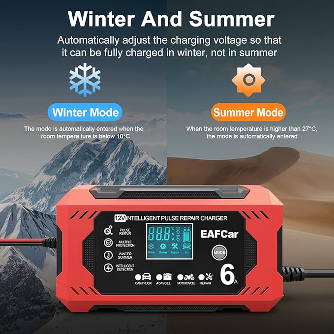 6-Amp Battery Charger, 12V Trickle Charger Car Battery Charger, Smart Automatic Lead Acid Charging with Temperature Compensation for Car Truck Lawn Mower Boat Marine(6A)