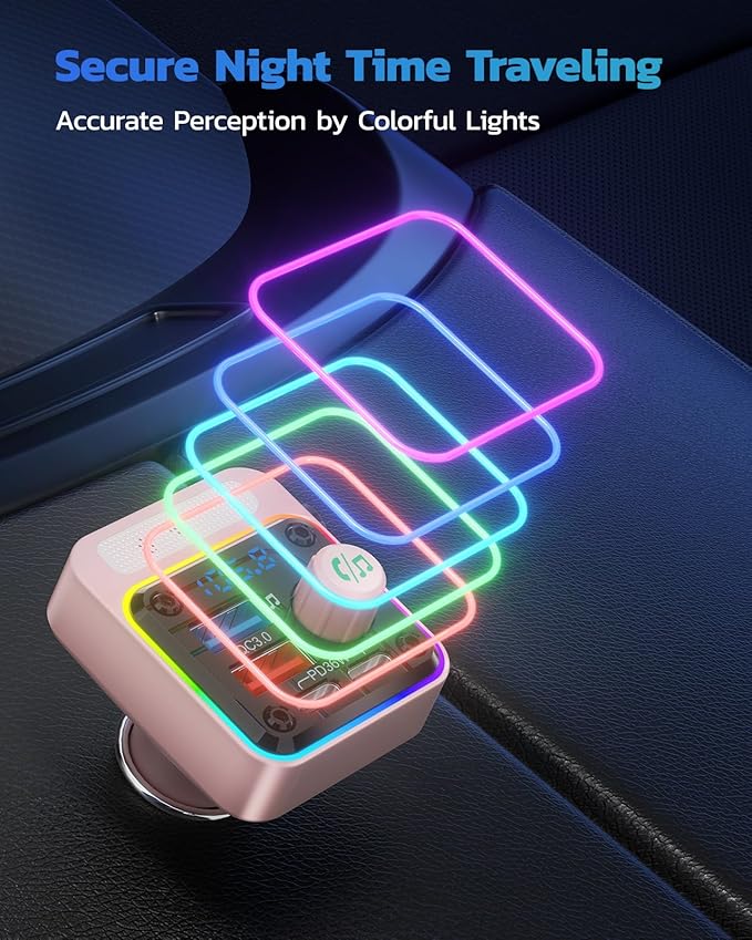 Nulaxy 54W Bluetooth 5.3 Car Adapter with 4 Charging Ports [PD 36W & QC3.0 18W], Wireless Radio FM Transmitter with Deep Bass Player & 5 Colors LED Backlit, Hands-Free Calling - Pink
