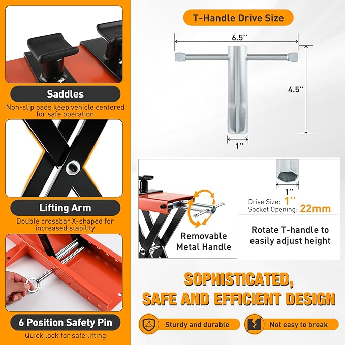 Nilight Motorcycle Lift 1100 LBS ATV Scissor Jacks with Saddle Safety Pin Crank Handle 3.7"-15.7" Hoist Stand Heavy Duty Steel Lifter Jack for Motorcycles Dirt Bike Garage Storage Repair Tool, Orange