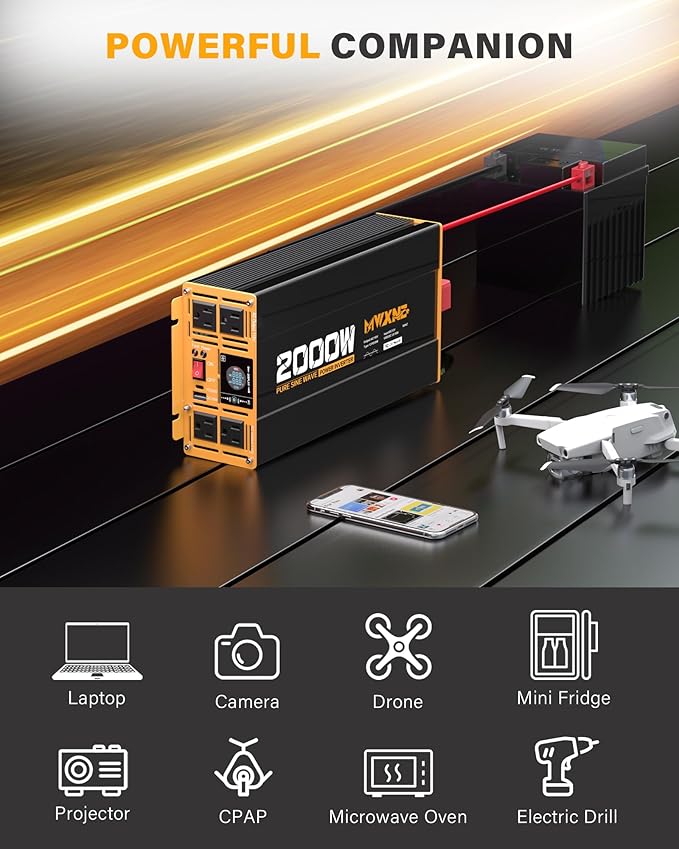 2000W Pure Sine Wave Inverter 12V DC to 110V 120V AC Car Converter for RV Truck Off-Grid Solar Power Inverter with 4 AC Outlets, USB/Type-C Fast Charging Ports, LCD Display, Remote Control