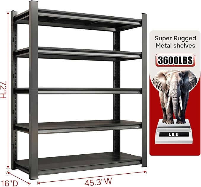 45.3" W Metal Garage Shelving Unit 3500LBS Metal Storage Shelves 5 Tier Adjustable Shelving Unit Garage Shelves for Kitchen Warehouse Pantry Basement,Rust-Resistant, 72" H x 45.3" W x 16" D,Black