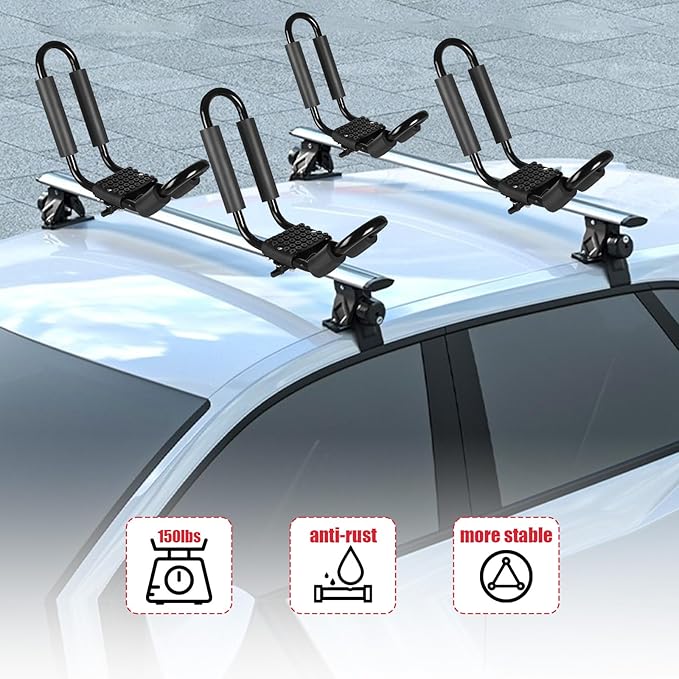 FORWODE Heavy Duty Kayak Roof Rack, 2 Pair J-Bar Kayak Rack with 4 Ratchet Tie, 4 S-Hook Ratchet Straps, 4 Anchor Belts for Kayak Canoe Boat Surf Ski on SUV Car Truck Crossbar