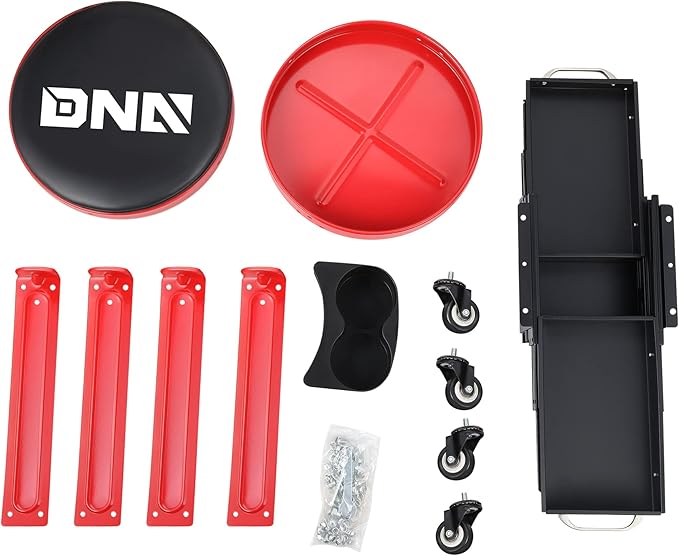 DNA Motoring TOOLS-00197 Round Mechanics Roller Seat Creeper Stool With Padded Cushion, Tool Storage Drawer & Tray, 300 Lbs Max Weight Capacity