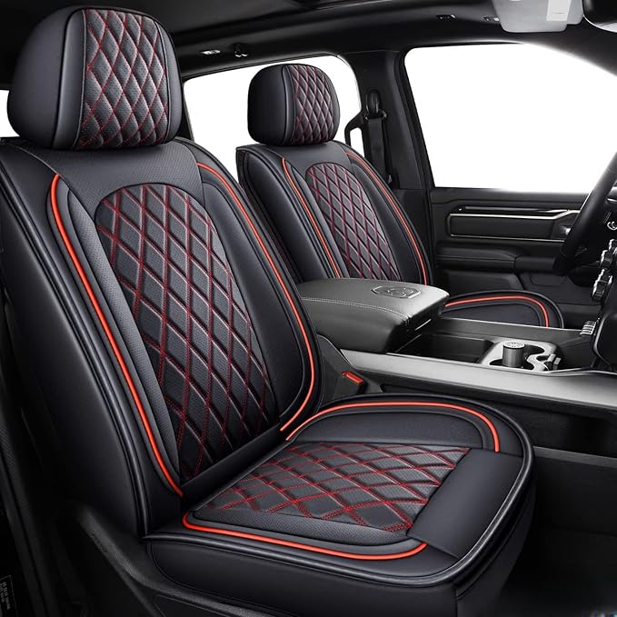 MIROZO Front Ram Seat Covers,2PCS Leather Dodge Ram Seat Covers Compatible with 2009-2025 RAM 1500 2500 3500 Truck Pickup Crew Quad Cab (2PCS Front,Black and Red)