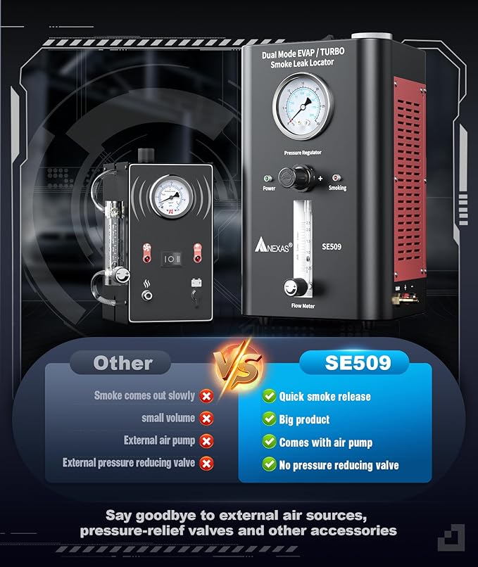 NEXAS SE509 Smoke Machine Automotive with Built-in 2 Air Pump, Pressure Regulator, Dual Mode EVAP Turbo Automotive Smoke Leak Detector, Smoke Tester Tools Kit for Vacuum, Fuel and More Leak Testing