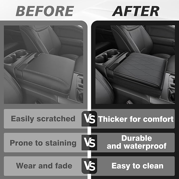 Muslogy Center Console Armrest Cover Compatible with Ford F-150 F150 2021-2025 Comfort Armrest Pad Arm Rest Cushion Vegan Leather Protector 1-Inch Extra Thick(WorkSurface ONLY)