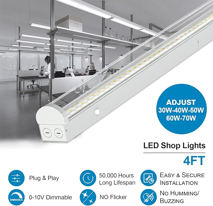 4FT LED Linear Strip Light, Super Bright 4 Foot LED Shop Lights 70W 60W 50W 40W 30W/6CCT 3000K-6500K Selectable, Flush Mount or Hanging 0-10V Dimmable Commercial Garage Ceiling Light, ETL DLC(4 Pcs)