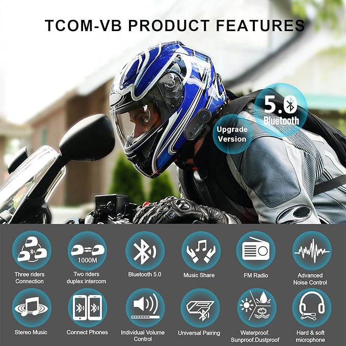 FreedConn TCOM VB Motorcycle Helmet Bluetooth Headset, Motorcycle Communication Systems with CVC Noise Cancellation, Stereo Music, 3 Riders 0.5mi/800m intercom, 12Hrs Intercom, IP65, 2 Pack