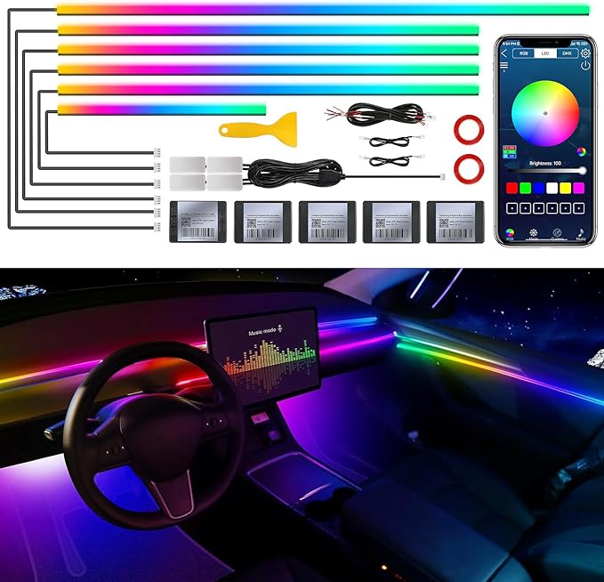 Dream+Color Acrylic Interior Car LED Strip Light with Wireless APP, RGB 10 in 1 with 175 inches 593 Neon Ambient Lighting Kits, Dynamic Chasing Music Sync LEDs Fiber Optic Strip Lights for Car