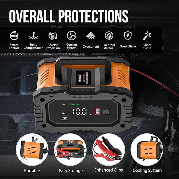 NEXPEAK NC202 10-Amp Battery Charger, 12V 24V LiFePO4 Lead Acid Portable Car Battery Charger 8-Stage Trickle Charger Smart Battery Maintainer w/Temp Compensation for Car Truck Motorcycle Lawn Mower