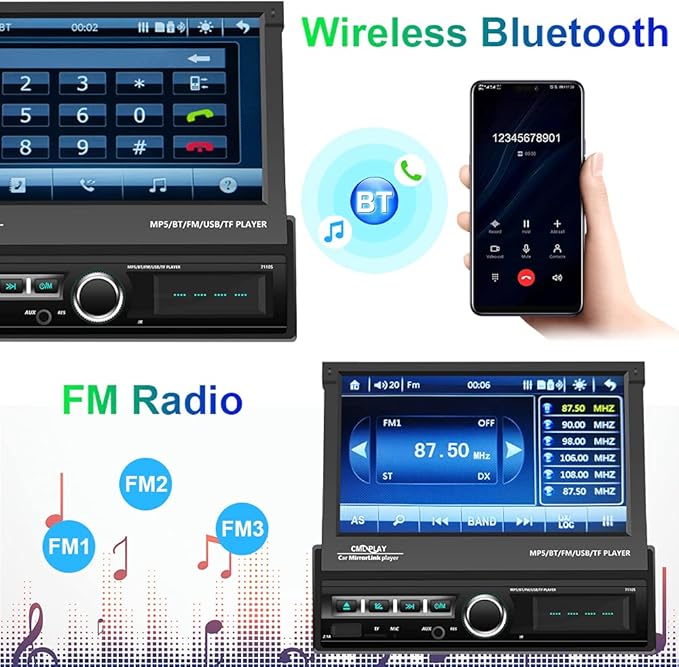 Hikity Single Din Touchscreen Car Stereo 7 Inch Touch Screen Car Radio, Automatic Flip Out Sceen Car Stereo with FM Radio, Bluetooth, Mirror Link, EQ, USB/TF/AUX Input, SWC, Backup Cam