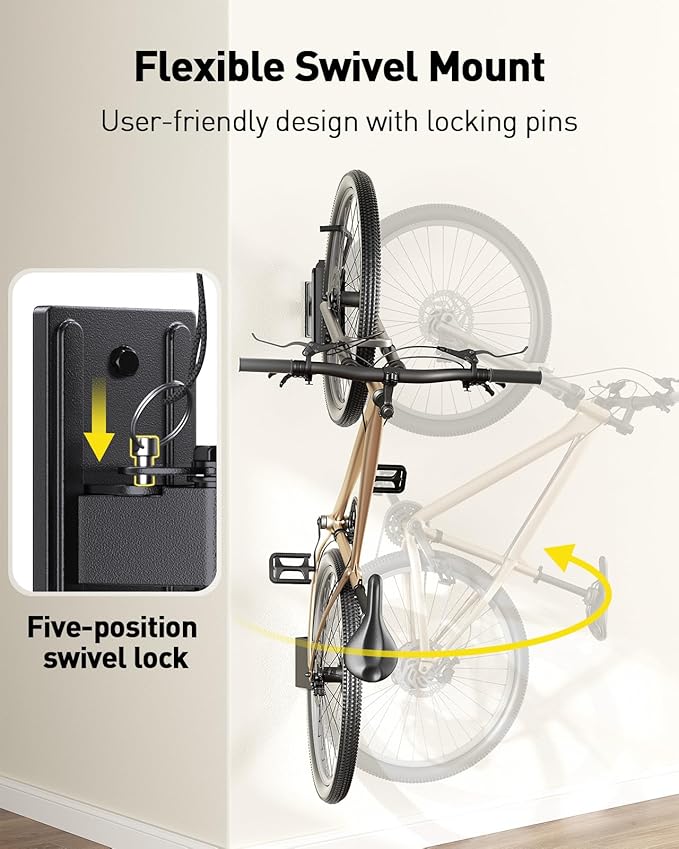 AM alphamount Swivel Bike Wall Mount, Metal Wall Bike Rack with Durable Sleeves, Space-Saving Vertical Bike Rack with 180° Swivel for Home and Garage, Bike Storage Hanger Mount Up to 66 lbs, 1-Pack