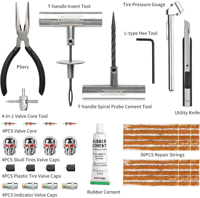 Hromee 56 Pieces Tire Repair Tools Kit for Car, Trucks, Motorcycle, ATV, RV Universal Emergency Flat Tire Puncture Repair Patch Set with Portable Bag