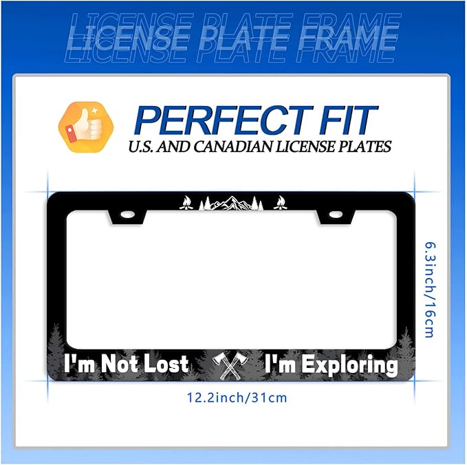 Funny License Plate Frame I'm Not Lost I'm Exploring License Plate Stainless Steel Mountain License Plate Holder Black Car Accessories Decoration With 2 Screws Fits Standard Vehicles Size 12.3" x 6.3"
